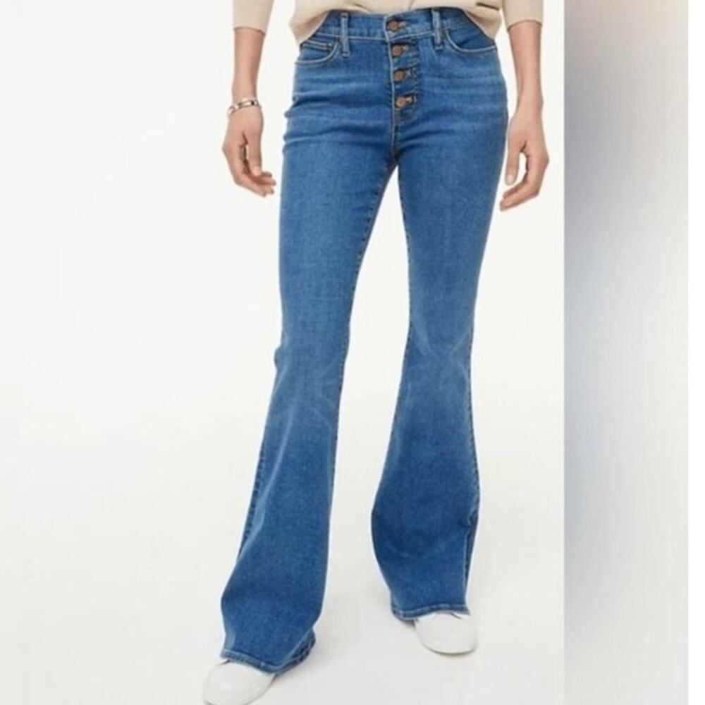 J crew Full length flare jeans button-down medium blue stretchy highrise size 30